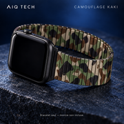 Bracelet extensible acier — camouflage kaki — mise en scène, montre non incluse