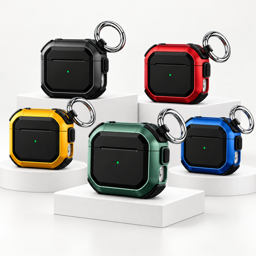 Coques AirPods renforcées avec mousqueton — collection sur fond blanc