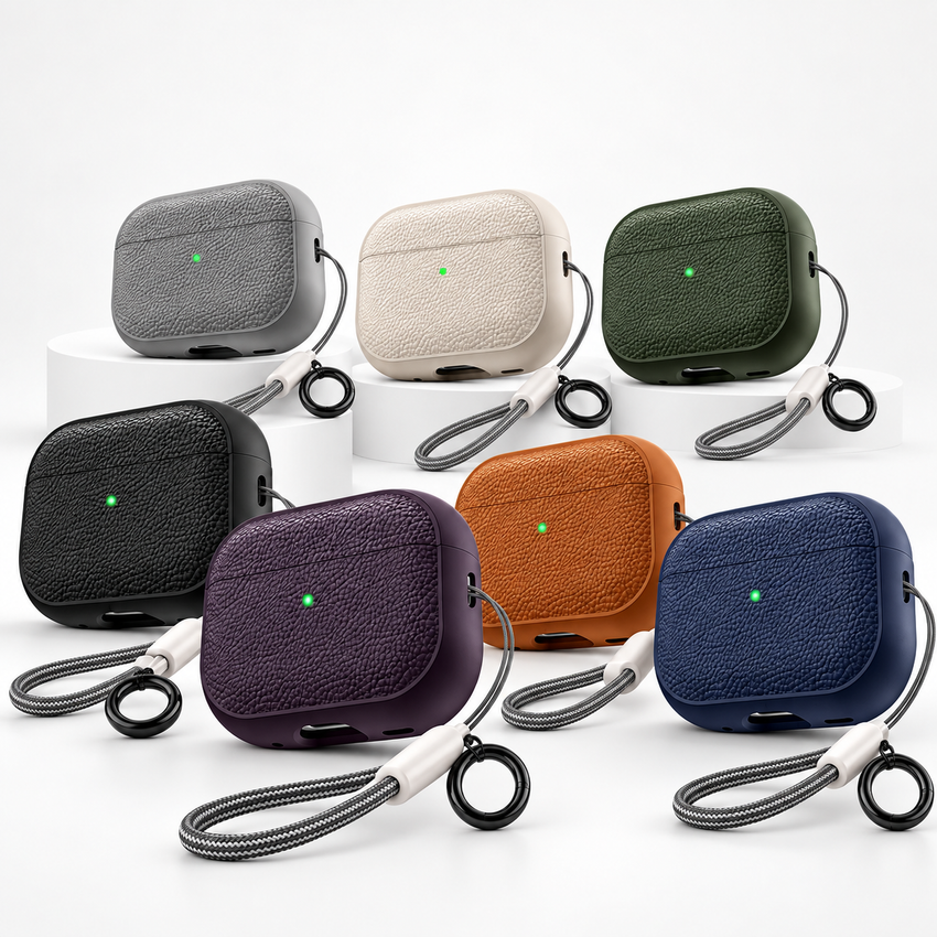 Étui AirPods texturé — collection sur fond blanc premium