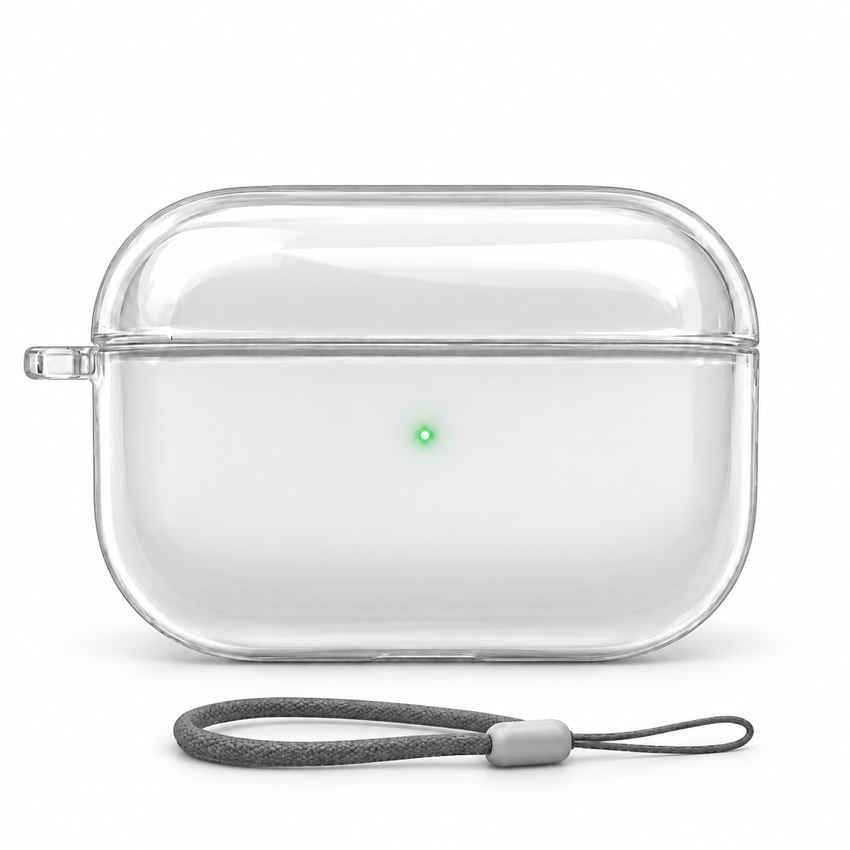 Étui transparent AirPods Pro, dragonne discrète au-dessous — écouteurs non inclus
