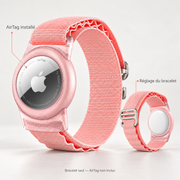 Bracelet AirTag élastique rose — deux vues — AirTag non inclus