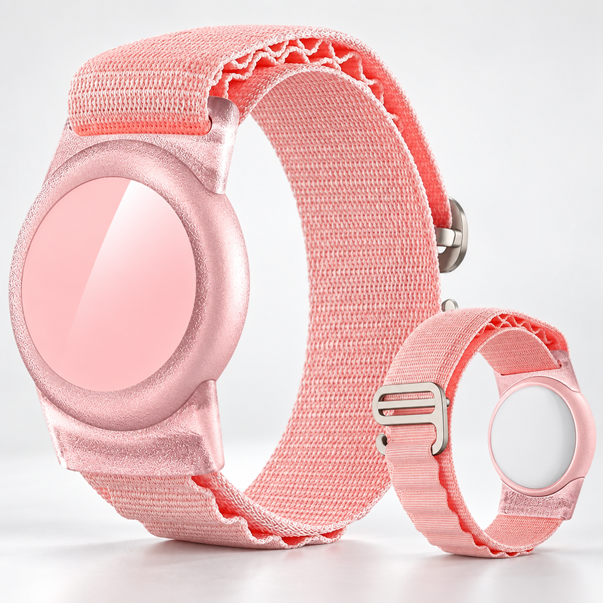 Bracelet AirTag élastique rose — deux vues — AirTag non inclus
