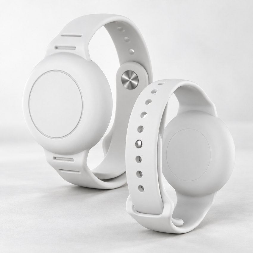 Bracelet AirTag en silicone blanc — deux vues — AirTag non inclus