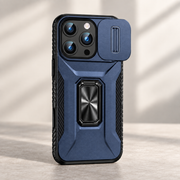 Coque iPhone avec cache caméra coulissant et anneau-support — Bleu ; téléphone non inclus