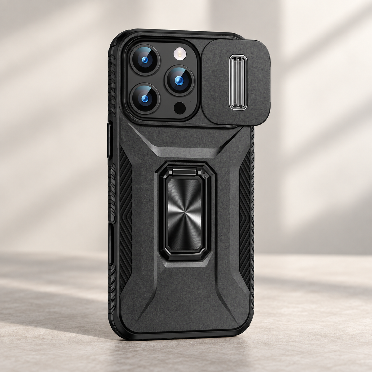Coque iPhone avec cache caméra coulissant et anneau-support