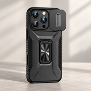 Coque iPhone avec cache caméra coulissant et anneau-support — Noir ; téléphone non inclus