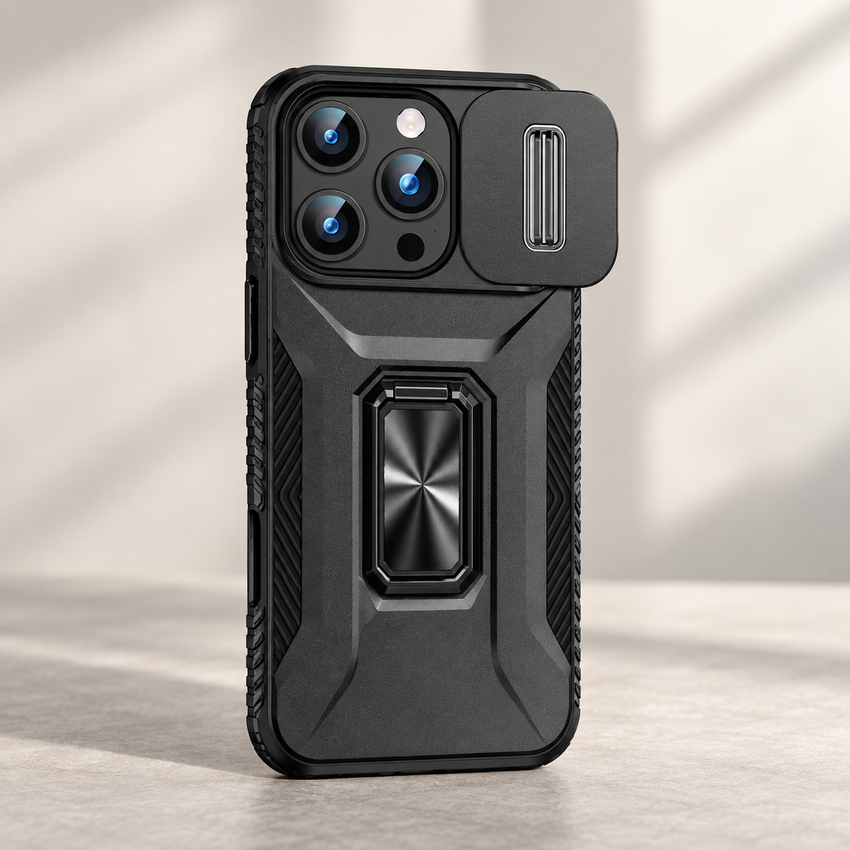 Coque iPhone avec cache caméra coulissant et anneau-support — Noir ; téléphone non inclus