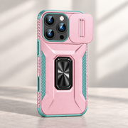 Coque iPhone avec cache caméra coulissant et anneau-support — Rose et turquoise ; téléphone non inclus