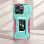 Coque iPhone avec cache caméra coulissant et anneau-support — Turquoise et rose ; téléphone non inclus