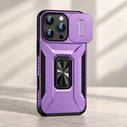 Coque iPhone avec cache caméra coulissant et anneau-support — Violet ; téléphone non inclus