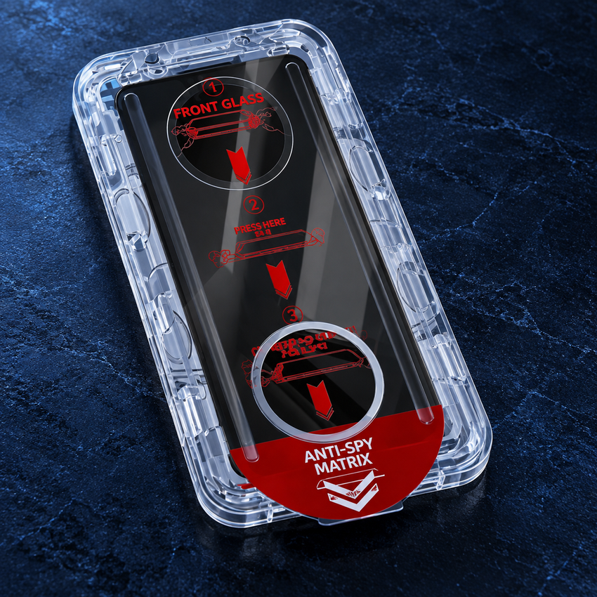Protection écran confidentialité multidirectionnelle avec son boîtier de pose transparent