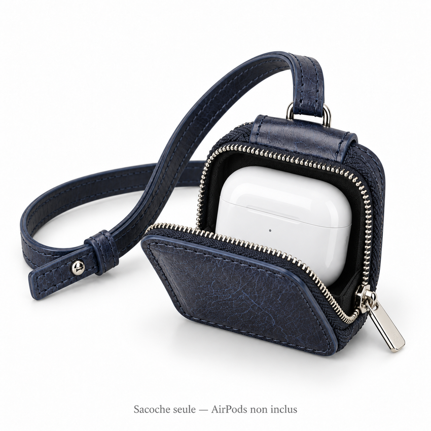 Sacoche bleue ouverte avec boîtier AirPods à l’intérieur — AirPods non inclus