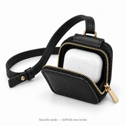 Sacoche noire ouverte avec boîtier AirPods, non inclus