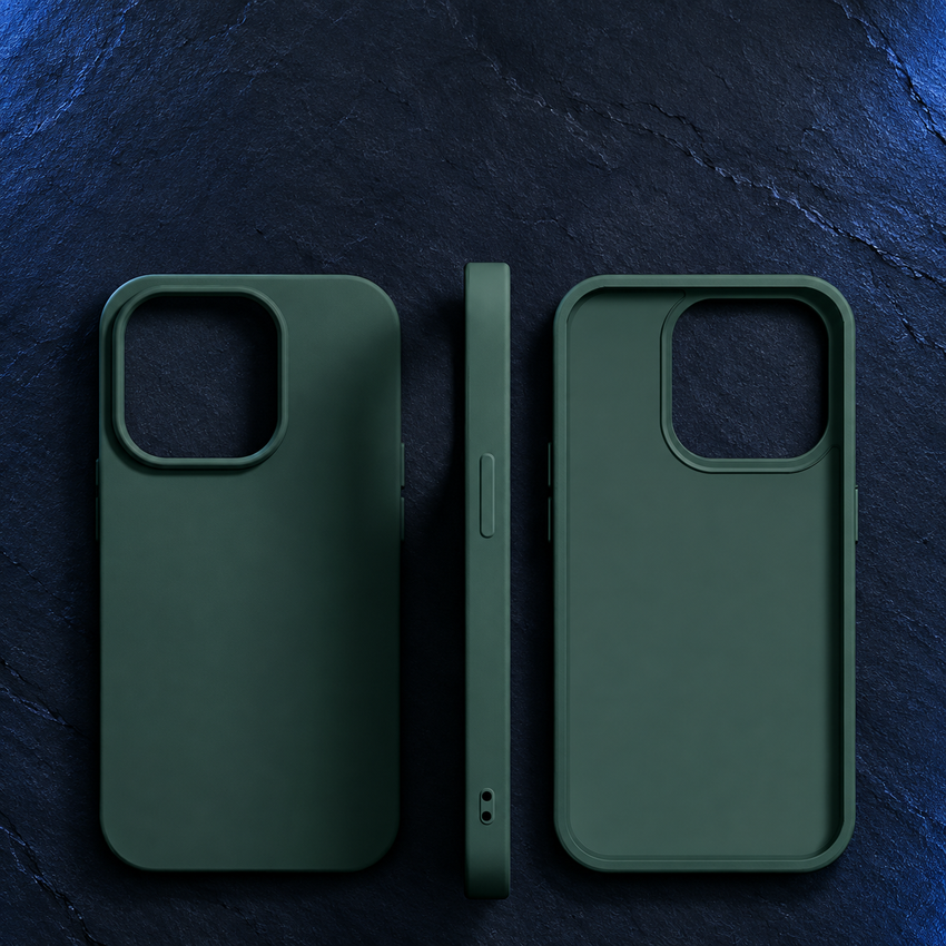Coque en silicone liquide vert foncé — vues extérieure, de profil et intérieure
