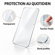 Verre trempé transparent, toucher fluide et bords profilés