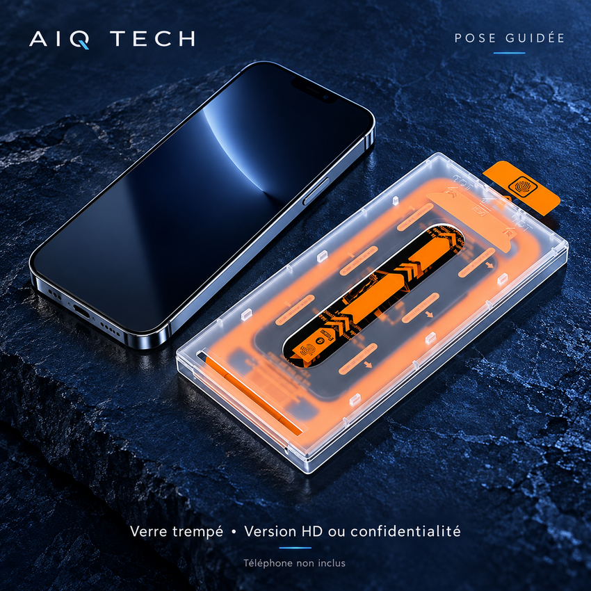 Protection écran en verre trempé avec boîtier de pose transparent et orange ; téléphone non inclus
