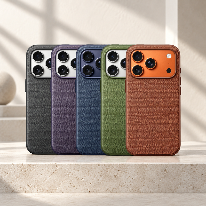 Coques tissées magnétiques pour iPhone — cinq coloris sur pierre claire