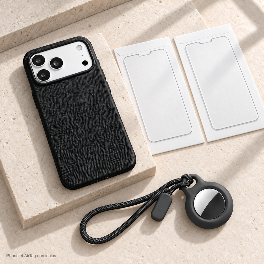 Pack Signature noir : coque tissée, deux verres trempés et étui AirTag avec dragonne — iPhone et AirTag non inclus